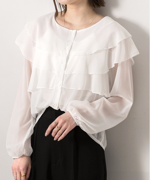 ad thie(アドティエ)の「ふんわりシフォン フリルデザインブラウス(シャツ/ブラウス・レディース・オフホワイト/パープル・FREE)」の2枚目の写真