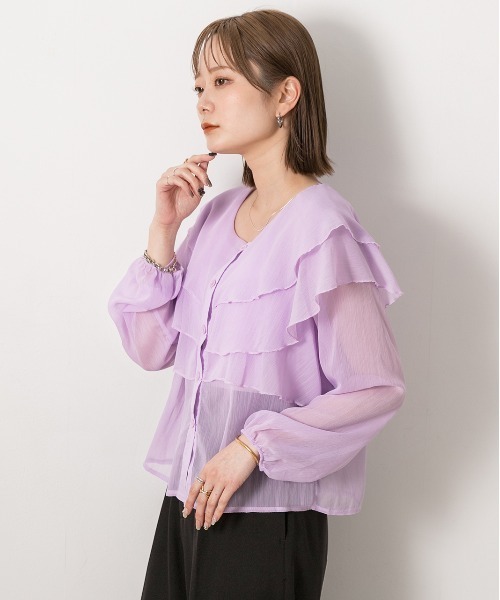 ad thie(アドティエ)の「ふんわりシフォン フリルデザインブラウス(シャツ/ブラウス・レディース・オフホワイト/パープル・FREE)」の5枚目の写真