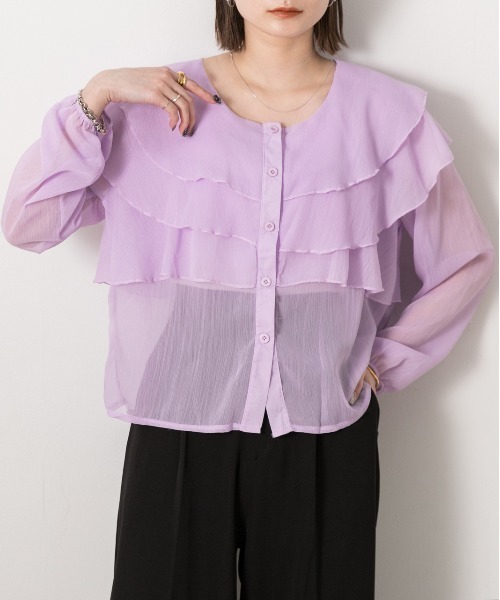 ad thie(アドティエ)の「ふんわりシフォン フリルデザインブラウス(シャツ/ブラウス・レディース・オフホワイト/パープル・FREE)」の6枚目の写真