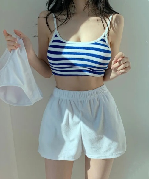 キャミソール水着全4色 パイル地ボーダービキニ温泉水着3点