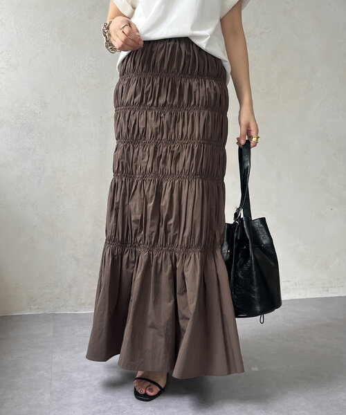 DouDou（ドゥドゥ）の「シャーリングスカート（スカート・レディース・ブラック/ブラウン・FREE）」の2枚目の写真