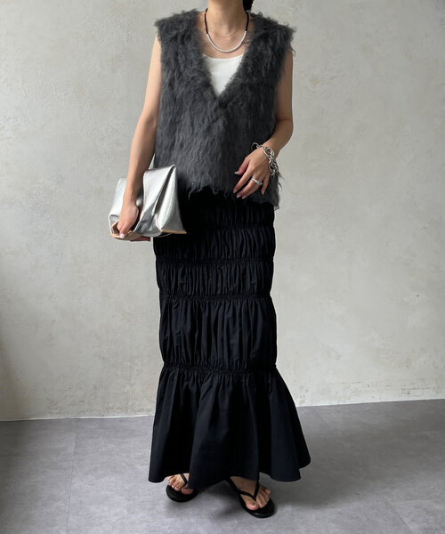 DouDou（ドゥドゥ）の「シャーリングスカート（スカート・レディース・ブラック/ブラウン・FREE）」の3枚目の写真