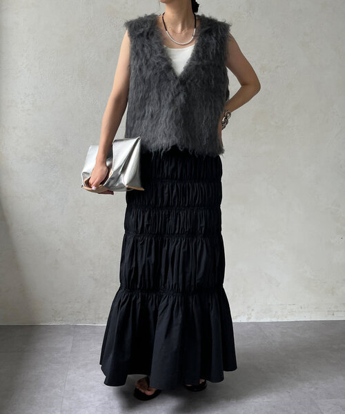 DouDou（ドゥドゥ）の「シャーリングスカート（スカート・レディース・ブラック/ブラウン・FREE）」の6枚目の写真