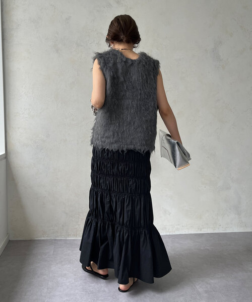 DouDou（ドゥドゥ）の「シャーリングスカート（スカート・レディース・ブラック/ブラウン・FREE）」の7枚目の写真