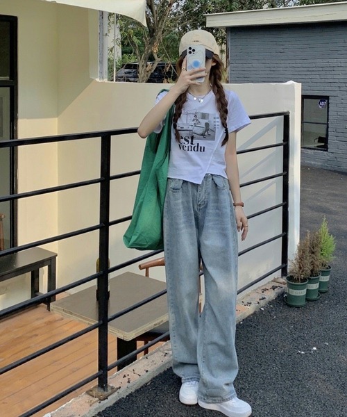 shopnikoniko(ショップニコニコ)の「チビT 半袖 ショート丈 アシンメトリー 韓国ファッション y2k Tシャツ クロップド丈 プリント ピチT(Tシャツ/カットソー・レディース・ブラック/ホワイト・フリー)」の21枚目の写真