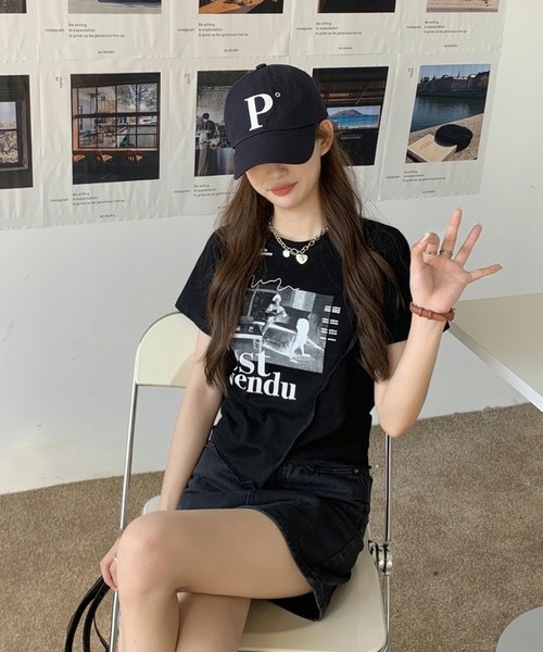 shopnikoniko(ショップニコニコ)の「チビT 半袖 ショート丈 アシンメトリー 韓国ファッション y2k Tシャツ クロップド丈 プリント ピチT(Tシャツ/カットソー・レディース・ブラック/ホワイト・フリー)」の19枚目の写真