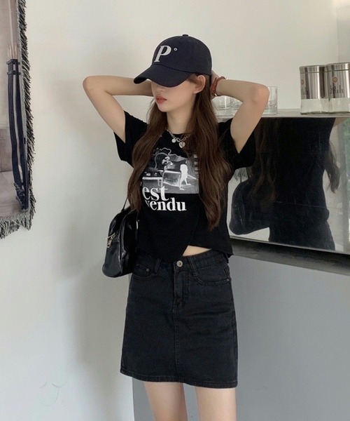 チビT 半袖 ショート丈 アシンメトリー 韓国ファッション y2k Tシャツ