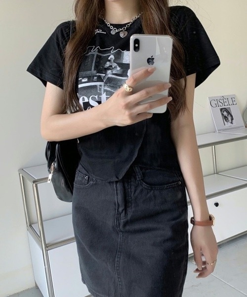shopnikoniko(ショップニコニコ)の「チビT 半袖 ショート丈 アシンメトリー 韓国ファッション y2k Tシャツ クロップド丈 プリント ピチT(Tシャツ/カットソー・レディース・ブラック/ホワイト・フリー)」の16枚目の写真