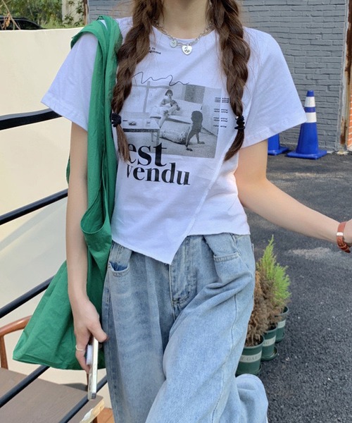 セール】チビT 半袖 ショート丈 アシンメトリー 韓国ファッション y2k