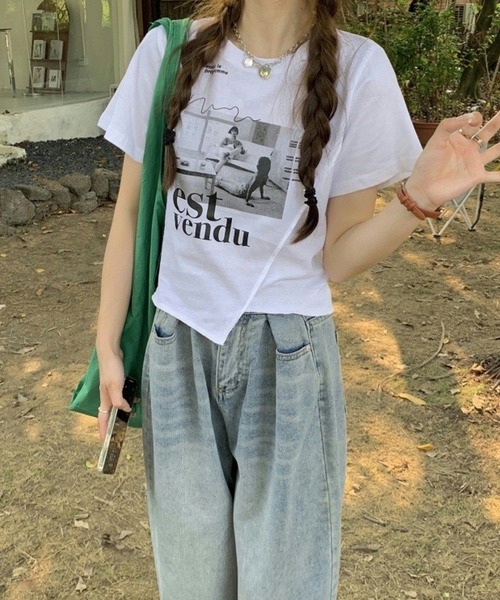 セール】チビT 半袖 ショート丈 アシンメトリー 韓国ファッション y2k