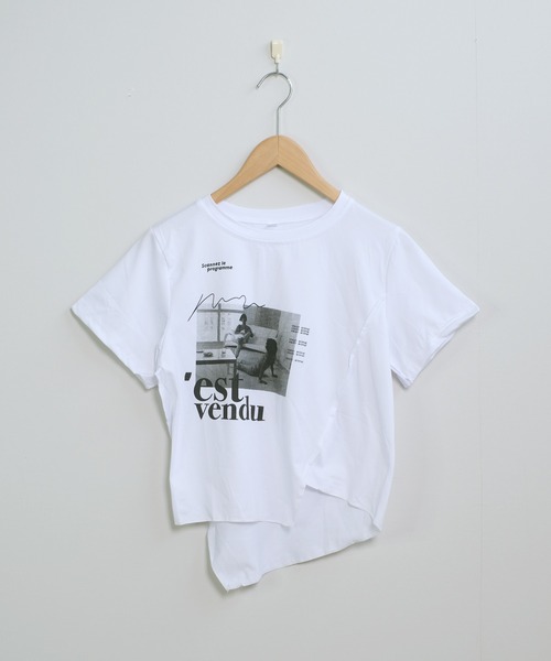 shopnikoniko(ショップニコニコ)の「チビT 半袖 ショート丈 アシンメトリー 韓国ファッション y2k Tシャツ クロップド丈 プリント ピチT(Tシャツ/カットソー・レディース・ブラック/ホワイト・フリー)」の12枚目の写真