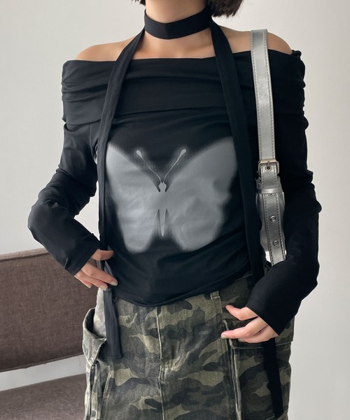 WEGO(ウィゴー)の「WEGO/ストール付きバタフライオフショルトップス(Tシャツ/カットソー・レディース・グレー/ブラック・FREE)」の6枚目の写真