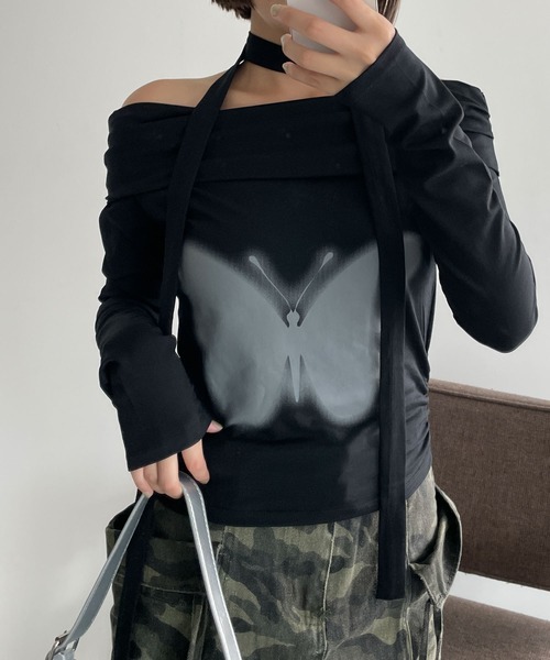 WEGO(ウィゴー)の「WEGO/ストール付きバタフライオフショルトップス(Tシャツ/カットソー・レディース・グレー/ブラック・FREE)」の7枚目の写真
