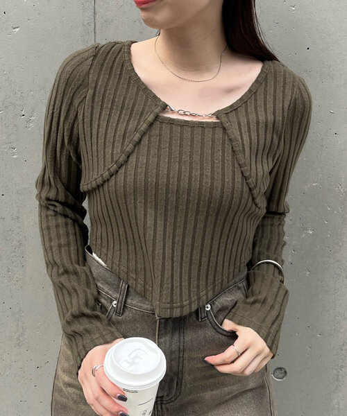 mline（エムライン）の「[mline]レイヤードトップス（Tシャツ/カットソー・レディース・グレー/オフホワイト/ブラック/カーキ/ピンク・FREE）」の4枚目の写真