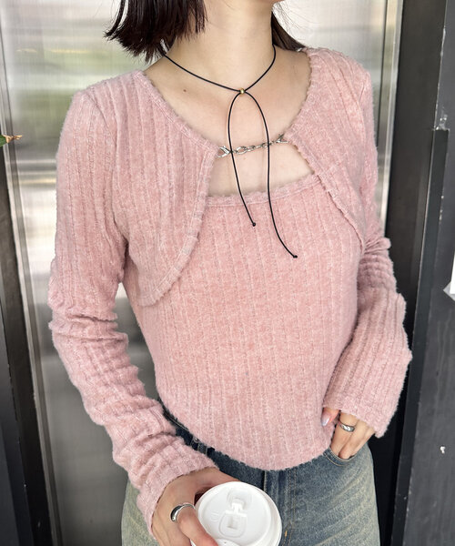 mline（エムライン）の「[mline]レイヤードトップス（Tシャツ/カットソー・レディース・グレー/オフホワイト/ブラック/カーキ/ピンク・FREE）」の5枚目の写真