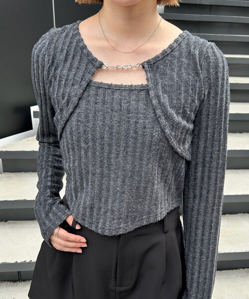 mline（エムライン）の「[mline]レイヤードトップス（Tシャツ/カットソー・レディース・グレー/オフホワイト/ブラック/カーキ/ピンク・FREE）」の12枚目の写真