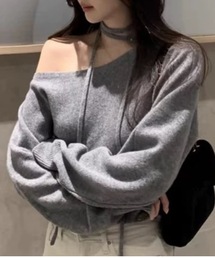 ※ボートネックチョーカーリボン付き長袖ニットオフショルダー