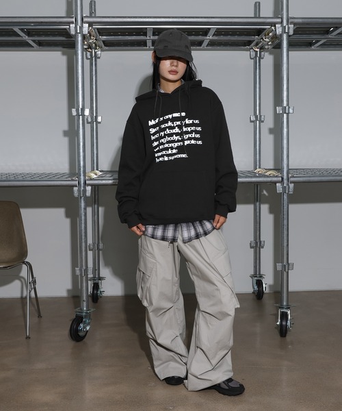 [2024FW][UNISEX][フード付きver]デイリーラウンドネックレタリングカジュアル・オーバーサイズパーカー（パーカー）｜FOLLOWIN（フォロウィン）