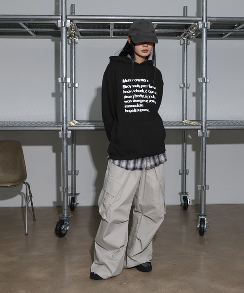 [2024FW][UNISEX][フード付きver]デイリーラウンドネックレタリングカジュアル・オーバーサイズパーカー（パーカー）｜FOLLOWIN（フォロウィン）