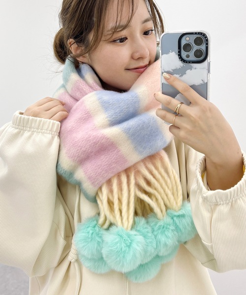 ファー ポンポン付き グラデーション フリンジ マフラー（マフラー