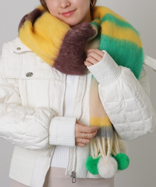 美品　SONIA RYKIEL フリンジポンポン付き　マフラー　ニット shesay｜ほっこり編地のフリンジ付きミニマフラー【DM便発送可能