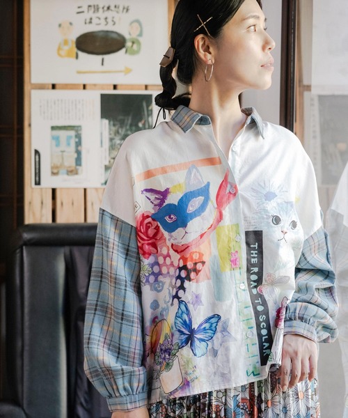 【セール】143691：ヒーローマスクネコ×チェック柄切替シャツ（シャツ/ブラウス）｜ScoLar（スカラー）