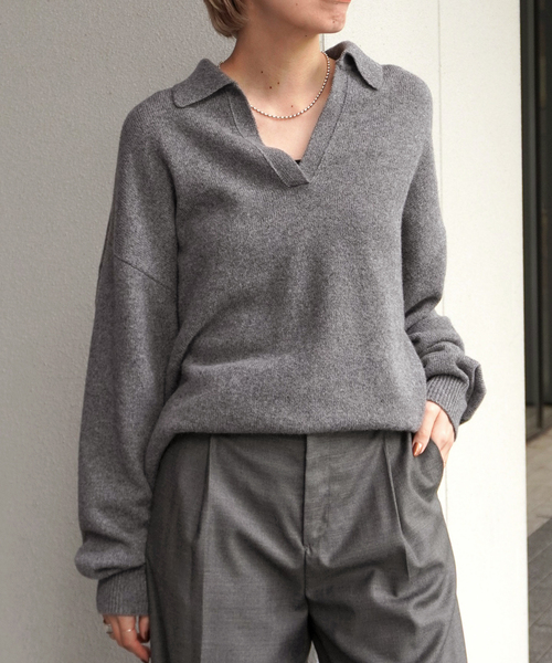 EVERYDAY I LIKE.（エヴリディアイライク）の「ウールカシミヤスキッパープルオーバー（ニット/セーター・レディース・チャコールグレー/カーキ・FREE）」の2枚目の写真
