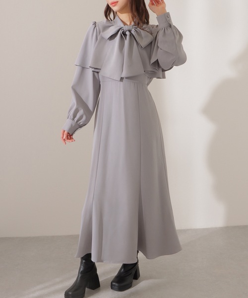 Lace Ladies（レースレディース）の「ケープカラー ボウタイ付き ロング ブラウス ワンピース（ワンピース・レディース・アイボリー/ブルーグレー/ブラック・FREE/S）」の3枚目の写真