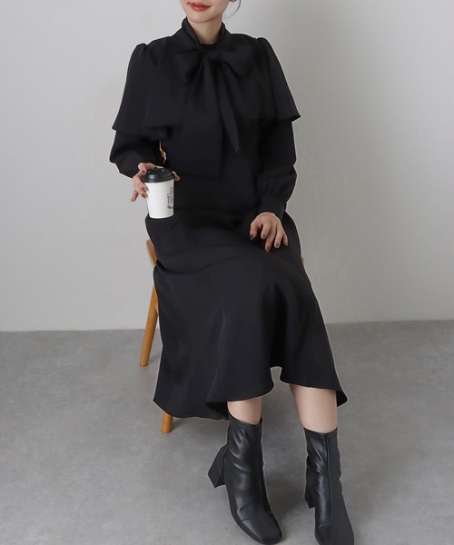 Lace Ladies（レースレディース）の「ケープカラー ボウタイ付き ロング ブラウス ワンピース（ワンピース・レディース・アイボリー/ブルーグレー/ブラック・FREE/S）」の7枚目の写真