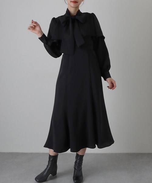 Lace Ladies（レースレディース）の「ケープカラー ボウタイ付き ロング ブラウス ワンピース（ワンピース・レディース・アイボリー/ブルーグレー/ブラック・FREE/S）」の8枚目の写真