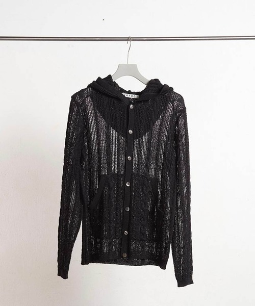 SEMI SHEER CABLE KNITTED BUTTON UP HOODIE（ニット/セーター