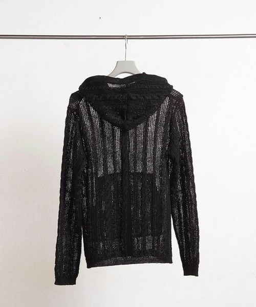 SEMI SHEER CABLE KNITTED BUTTON UP HOODIE（ニット/セーター