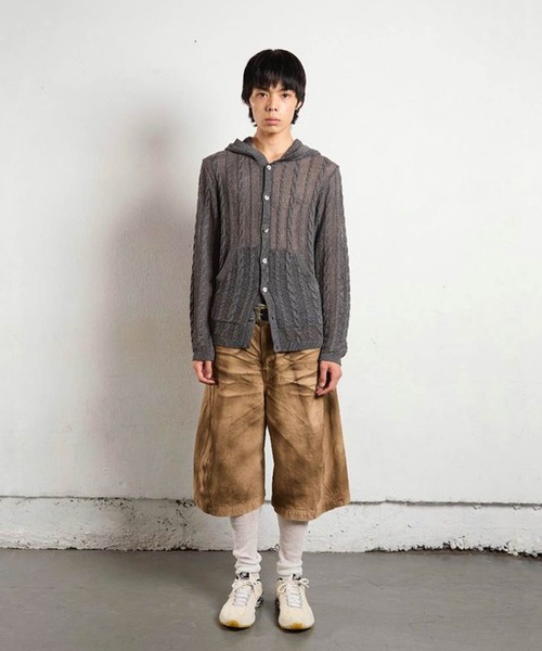 SEMI SHEER CABLE KNITTED BUTTON UP HOODIE（ニット/セーター