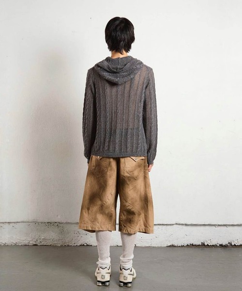 SEMI SHEER CABLE KNITTED BUTTON UP HOODIE（ニット/セーター