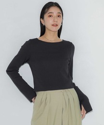 パブリックトウキョウオリーブグリーン クロップドニットセーター PUBLIC TOKYO（パブリックトウキョウ）の「スリーブシアー