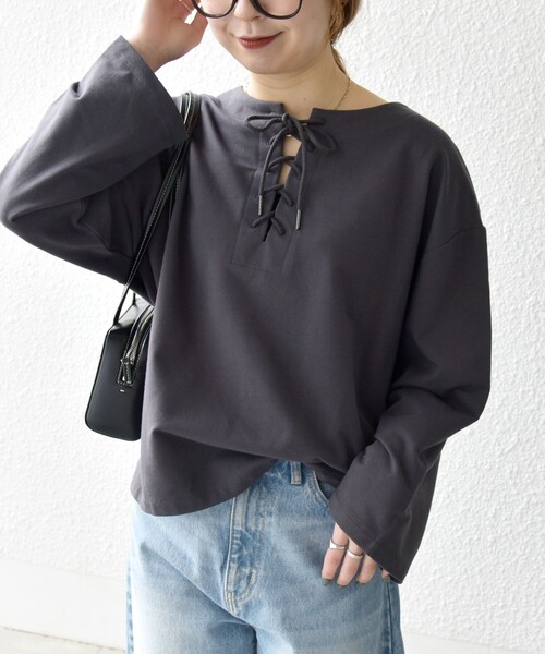 SHIPS any:〈洗濯機可能〉インレイ レースアップ ロングスリーブ プル