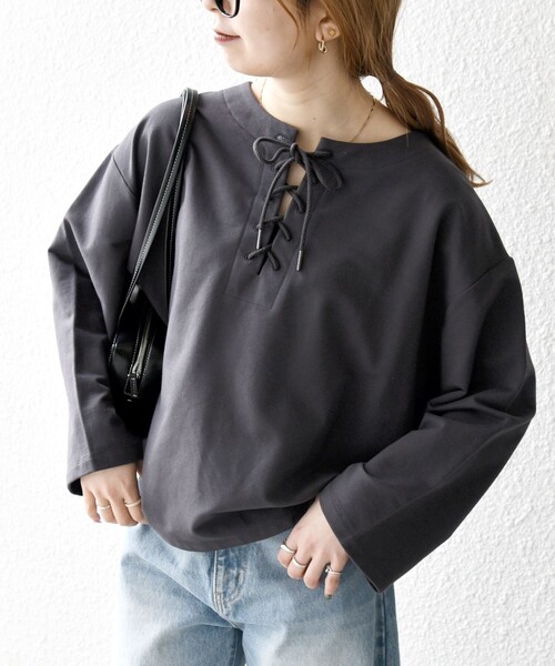 SHIPS for women / シップスウィメン SHIPS any:〈洗濯機可能〉インレイ レースアップ ロングスリーブ プルオーバー SHIPS any:〈洗濯機可能〉インレイ レースアップ ロングスリーブ