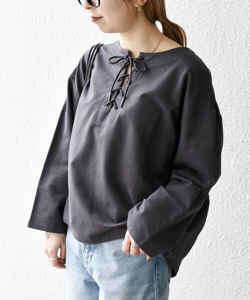 SHIPS any:〈洗濯機可能〉インレイ レースアップ ロングスリーブ プル