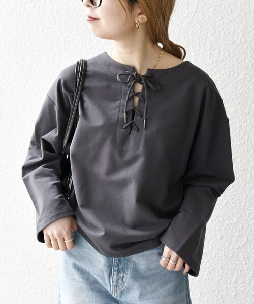 SHIPS any:〈洗濯機可能〉インレイ レースアップ ロングスリーブ プル