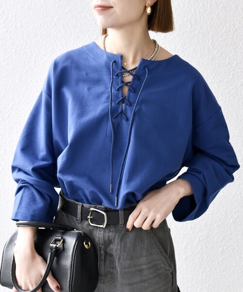 SHIPS any:〈洗濯機可能〉インレイ レースアップ ロングスリーブ プル