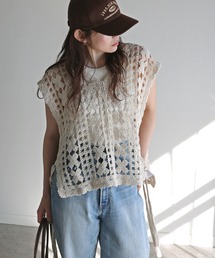 COURO（コウロ）の「サイドリボンクロシェ編みかぎ針ニットベスト（ベスト）」