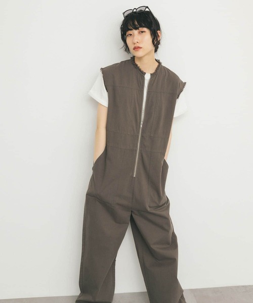   ベルト付きプリーツフロントジャンプスーツ open collar belted assort l/s jump suit / 開襟ベルト付き