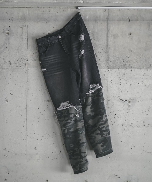 セール】Knee Switch Camouflage Layered Denim Pants / ニー