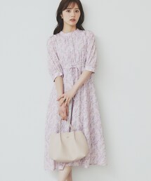 スタンドネック小花柄ワンピース【洗濯機洗い可/イージーアイロン】