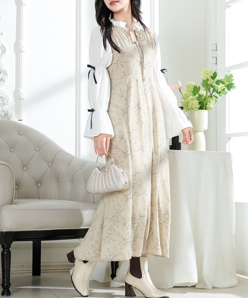 Lace Ladies（レースレディース）の「花柄 キャンディースリーブ ドッキング ワンピース（ワンピース・レディース・ブラック/ベージュ/アイボリー・FREE/S）」の3枚目の写真