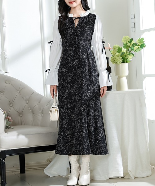 Lace Ladies（レースレディース）の「花柄 キャンディースリーブ ドッキング ワンピース（ワンピース・レディース・ブラック/ベージュ/アイボリー・FREE/S）」の9枚目の写真