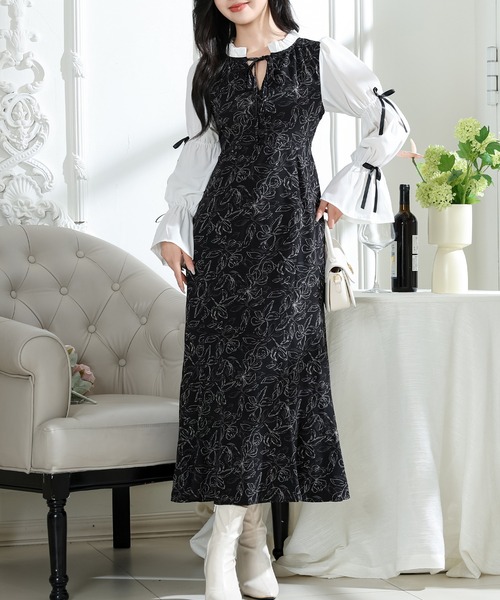 Lace Ladies（レースレディース）の「花柄 キャンディースリーブ ドッキング ワンピース（ワンピース・レディース・ブラック/ベージュ/アイボリー・FREE/S）」の10枚目の写真