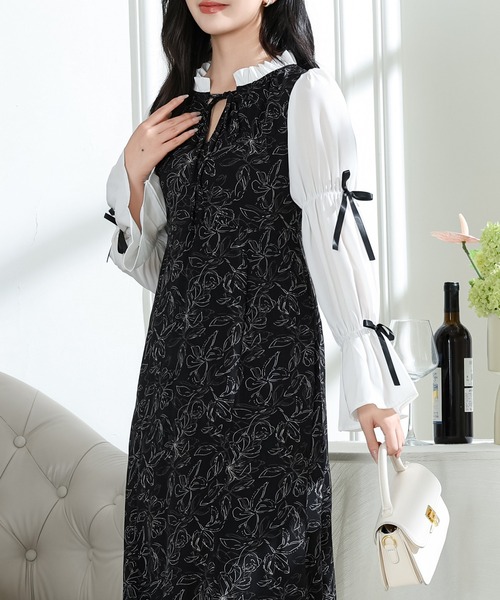 Lace Ladies（レースレディース）の「花柄 キャンディースリーブ ドッキング ワンピース（ワンピース・レディース・ブラック/ベージュ/アイボリー・FREE/S）」の11枚目の写真