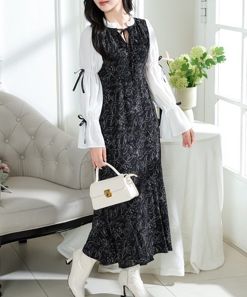 Lace Ladies（レースレディース）の「花柄 キャンディースリーブ ドッキング ワンピース（ワンピース・レディース・ブラック/ベージュ/アイボリー・FREE/S）」の12枚目の写真