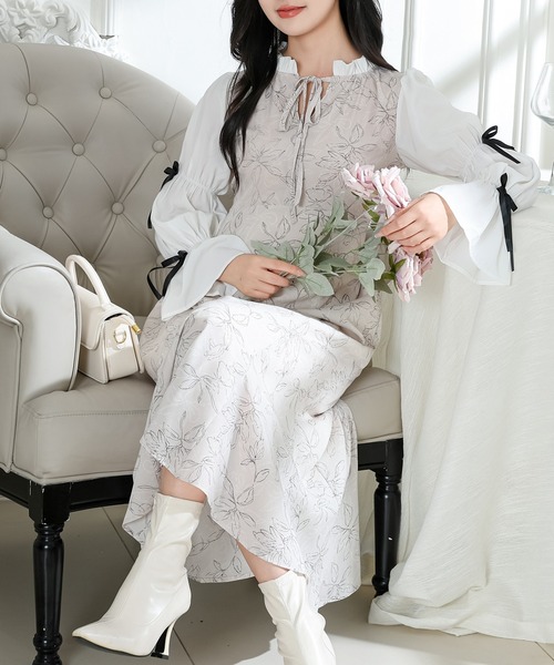 Lace Ladies（レースレディース）の「花柄 キャンディースリーブ ドッキング ワンピース（ワンピース・レディース・ブラック/ベージュ/アイボリー・FREE/S）」の8枚目の写真